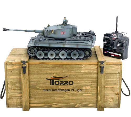 RC Panzer Tiger 1 1:16 Metall-Version IR Servo 360° Turm PRO-Edition 2,4 GHz Torro Holzkiste